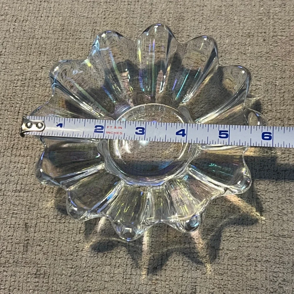 Vintage Iridescent Clear Glass Scalloped Flower Bowl 6 Inch Candy Dish Catchall